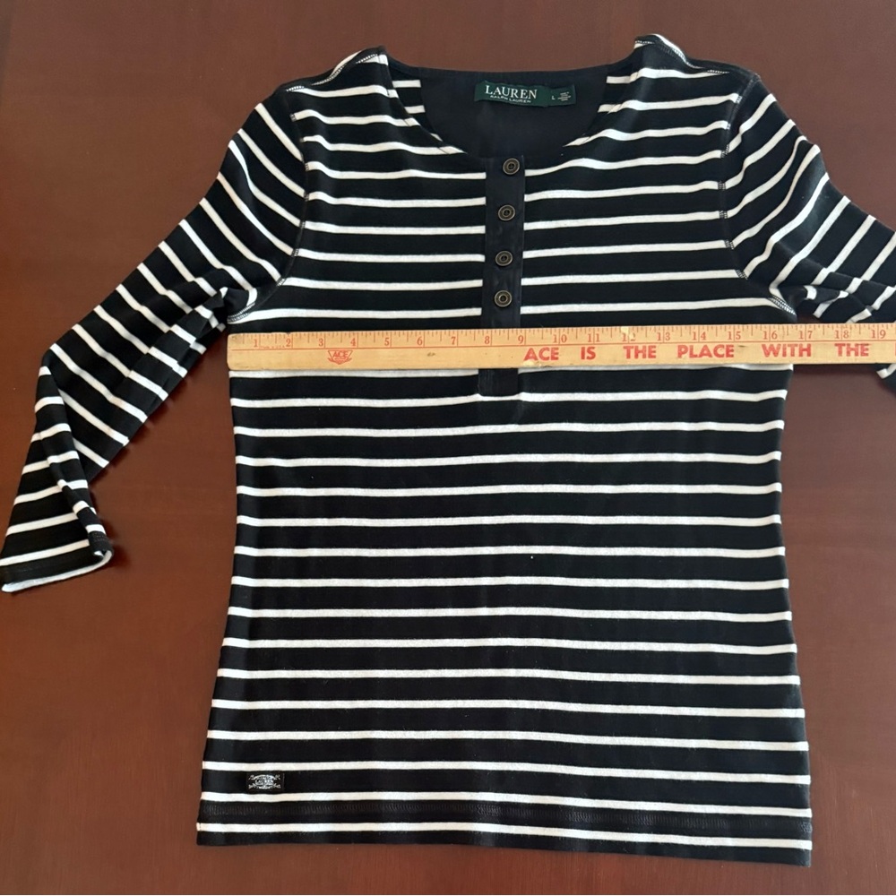 Lauren by Ralph Lauren, Black and White Striped Henley Neckline Top, Sz L